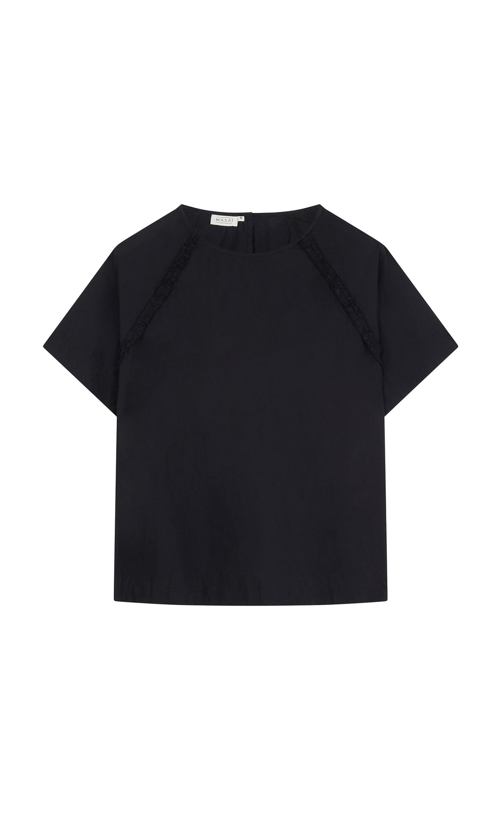 Plümo- Crinkly Black Blouse: short sleeves, round neck, A-line fit, subtle seam stitching in lightweight cotton.