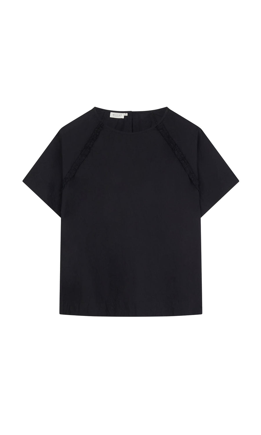 Plümo- Crinkly Black Blouse: short sleeves, round neck, A-line fit, subtle seam stitching in lightweight cotton.