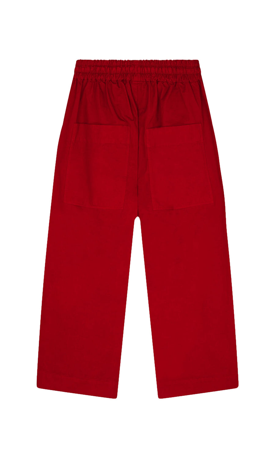 Plümo- Cromer Pants - Red: cotton twill workwear with elastic waist, two large back pockets, shown on white background.