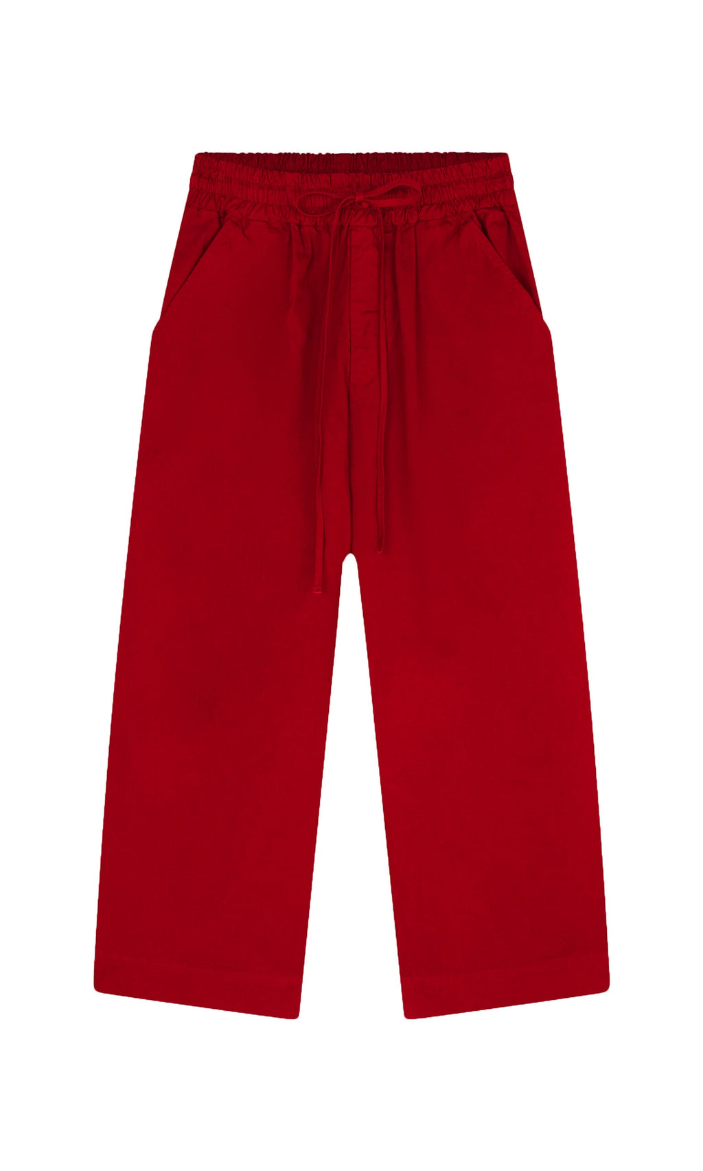 Plümo- Cromer Pants - Red: Loose-fitting cotton twill workwear pants with elastic waist, drawstring, and side pockets.