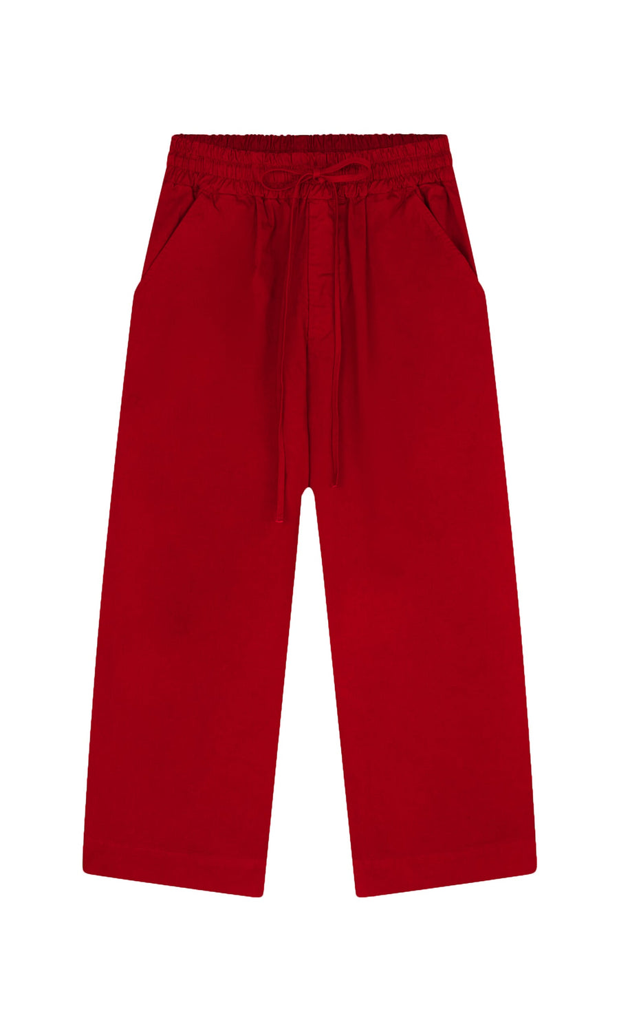 Plümo- Cromer Pants - Red: Loose-fitting cotton twill workwear pants with elastic waist, drawstring, and side pockets.