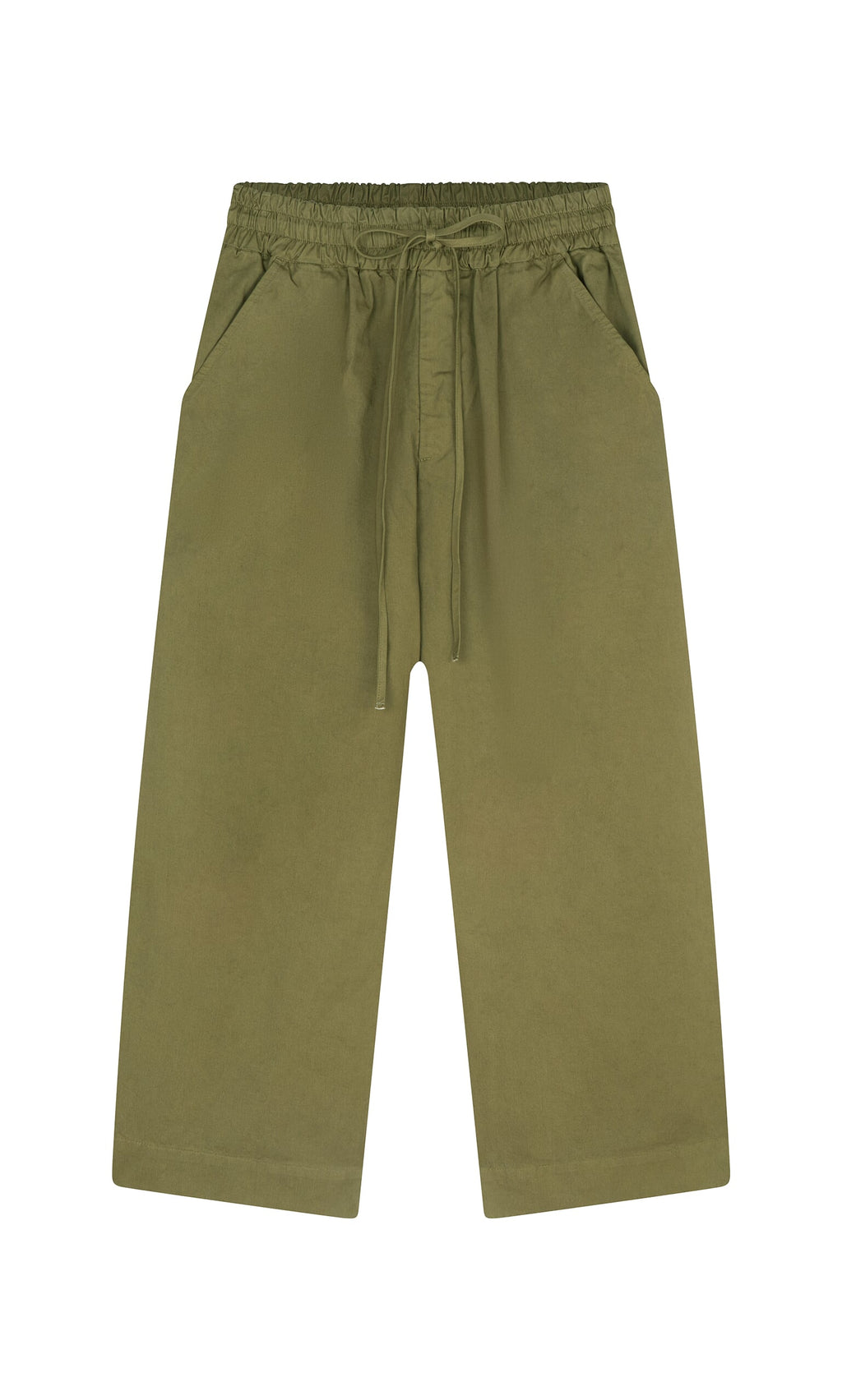 Plümo- Calke Green Pants: olive cotton wide-leg cropped workwear with drawstring waist and pockets, shown flat on white background.
