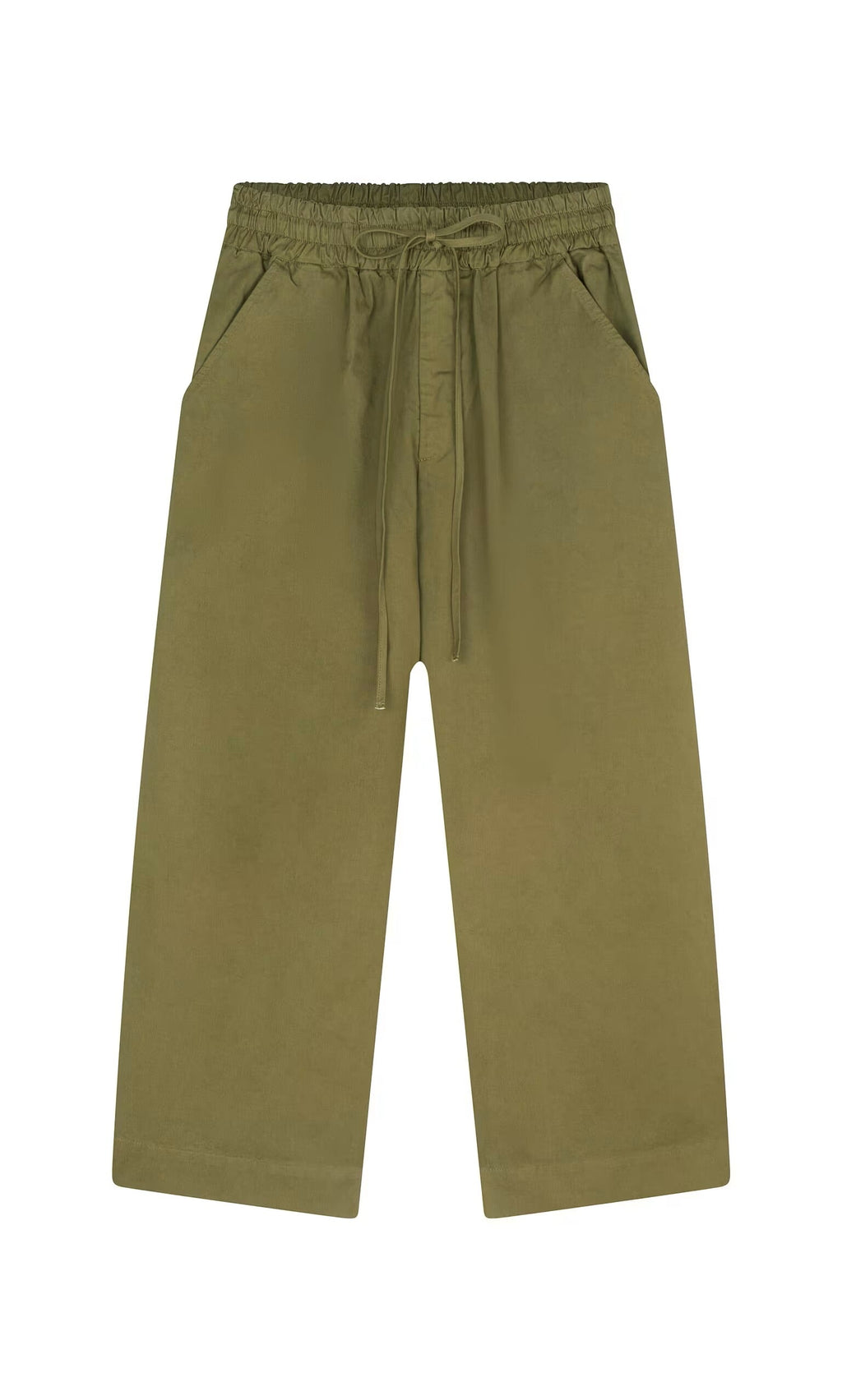 Plümo- Calke Green Pants - Seconds: olive green cotton poplin workwear with elasticated drawstring waist and side pockets, flat on white.