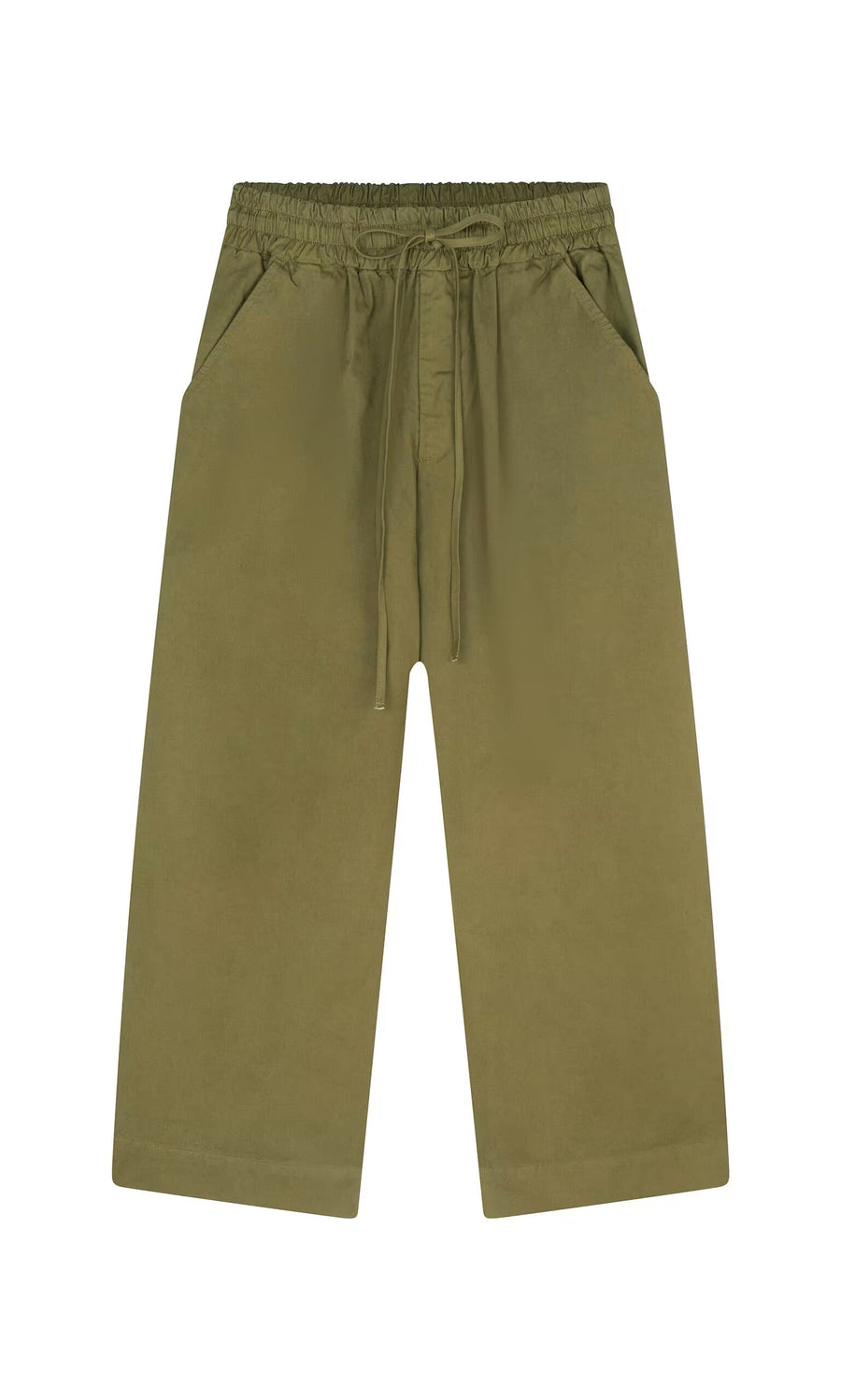 Plümo- Calke Green Pants - Seconds: olive green cotton poplin workwear with elasticated drawstring waist and side pockets, flat on white.