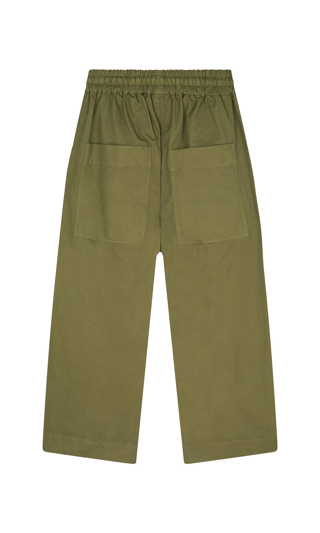 Plümo- Calke Green Pants: cotton poplin workwear with elastic waistband and large back pockets, shown flat on white background.