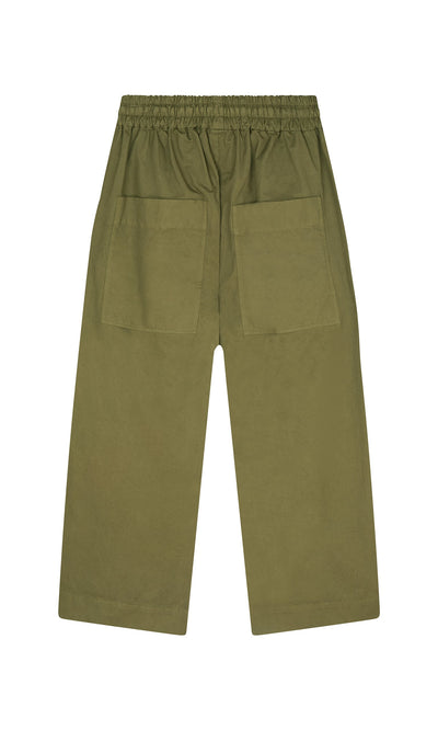 Plümo- Calke Green Pants: cotton poplin workwear with elastic waistband and large back pockets, shown flat on white background.