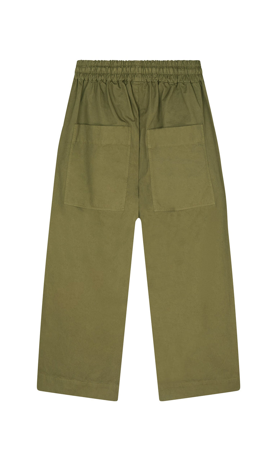Plümo- Calke Green Pants: cotton poplin workwear with elastic waistband and large back pockets, shown flat on white background.