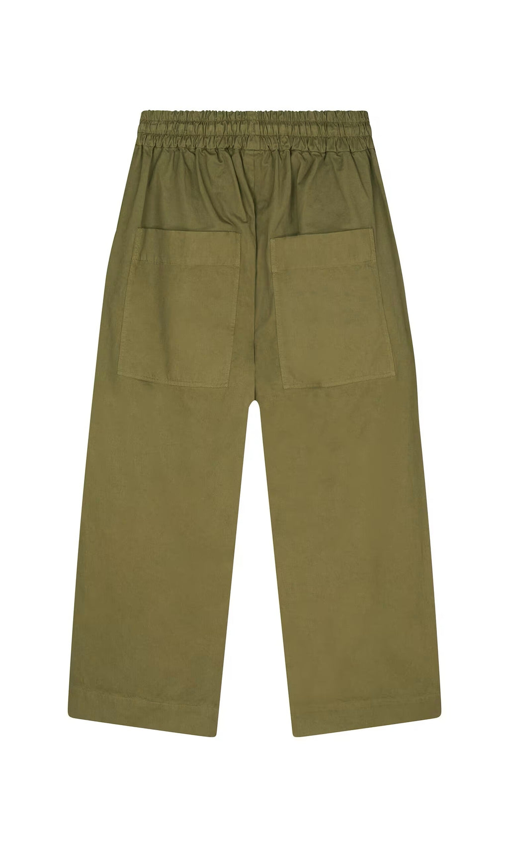 Plümo- Calke Green Pants - Seconds: Olive wide-leg cotton poplin with elastic drawstring waist and two large back pockets.