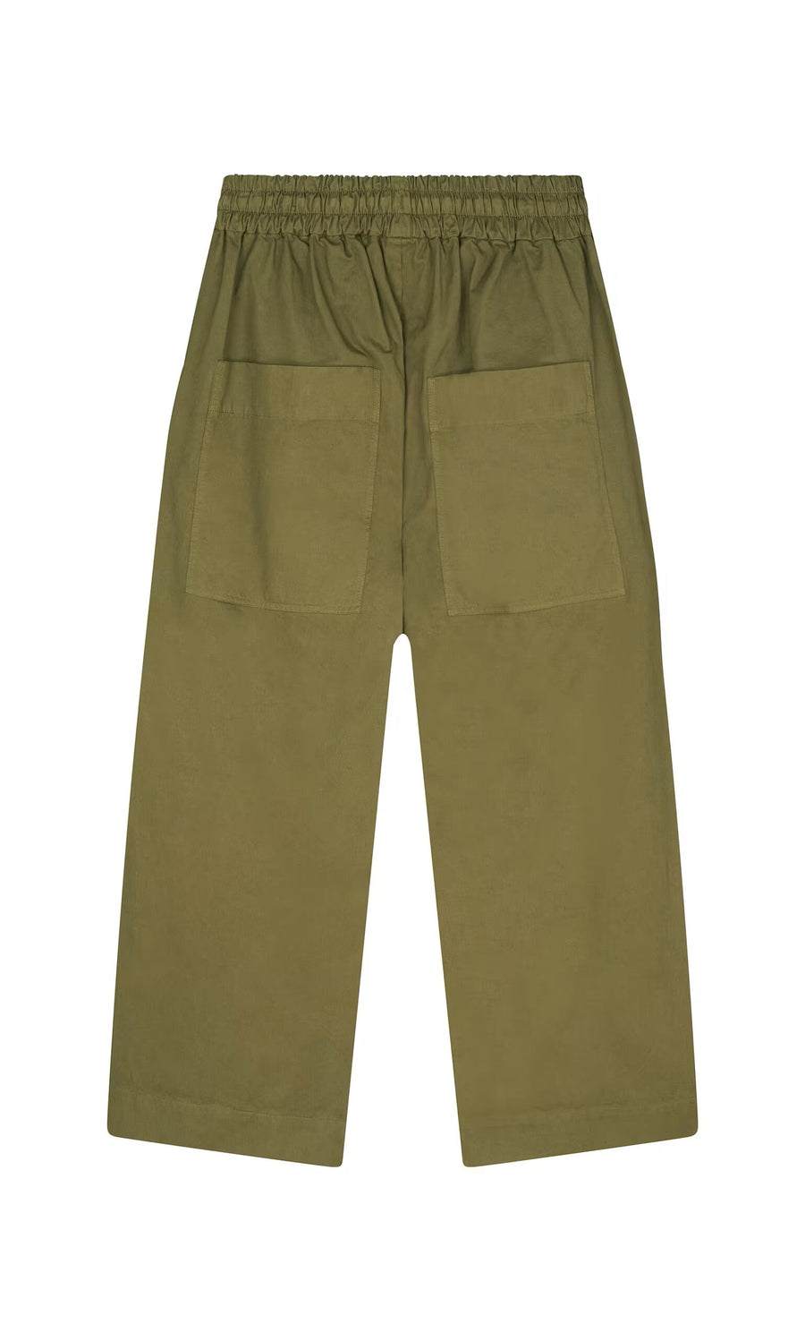 Plümo- Calke Green Pants - Seconds: Olive wide-leg cotton poplin with elastic drawstring waist and two large back pockets.