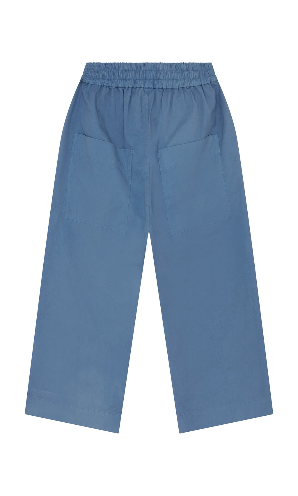 Plümo- Cromer Pants - French Blue: cotton canvas, wide-leg, elastic waist, large back pockets, shown flat on white.