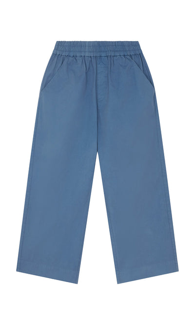 Plümo- Cromer Pants - French Blue: wide-leg, cropped cotton canvas trousers with elastic waistband and pockets, shown laid flat.