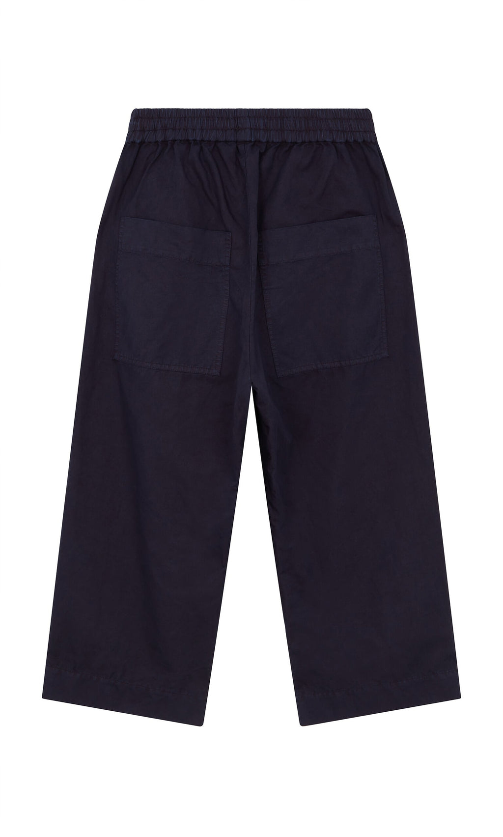 Plümo- Cromer Pants - Navy: wide-leg cotton twill with elastic waistband and back pockets, shown laid flat on white.