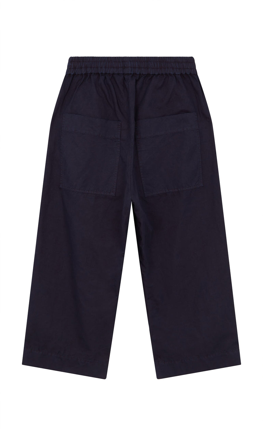 Plümo- Cromer Pants - Navy: wide-leg cotton twill with elastic waistband and back pockets, shown laid flat on white.