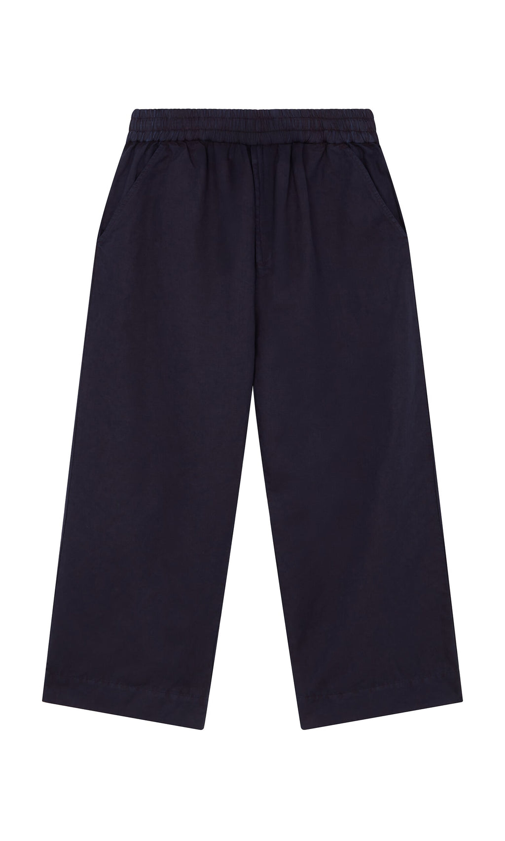 Plümo- Cromer Pants - Navy: Wide-leg cotton twill workwear pants with elastic waistband and side pockets, shown on white.