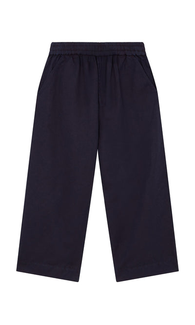 Plümo- Cromer Pants - Navy: Wide-leg cotton twill workwear pants with elastic waistband and side pockets, shown on white.