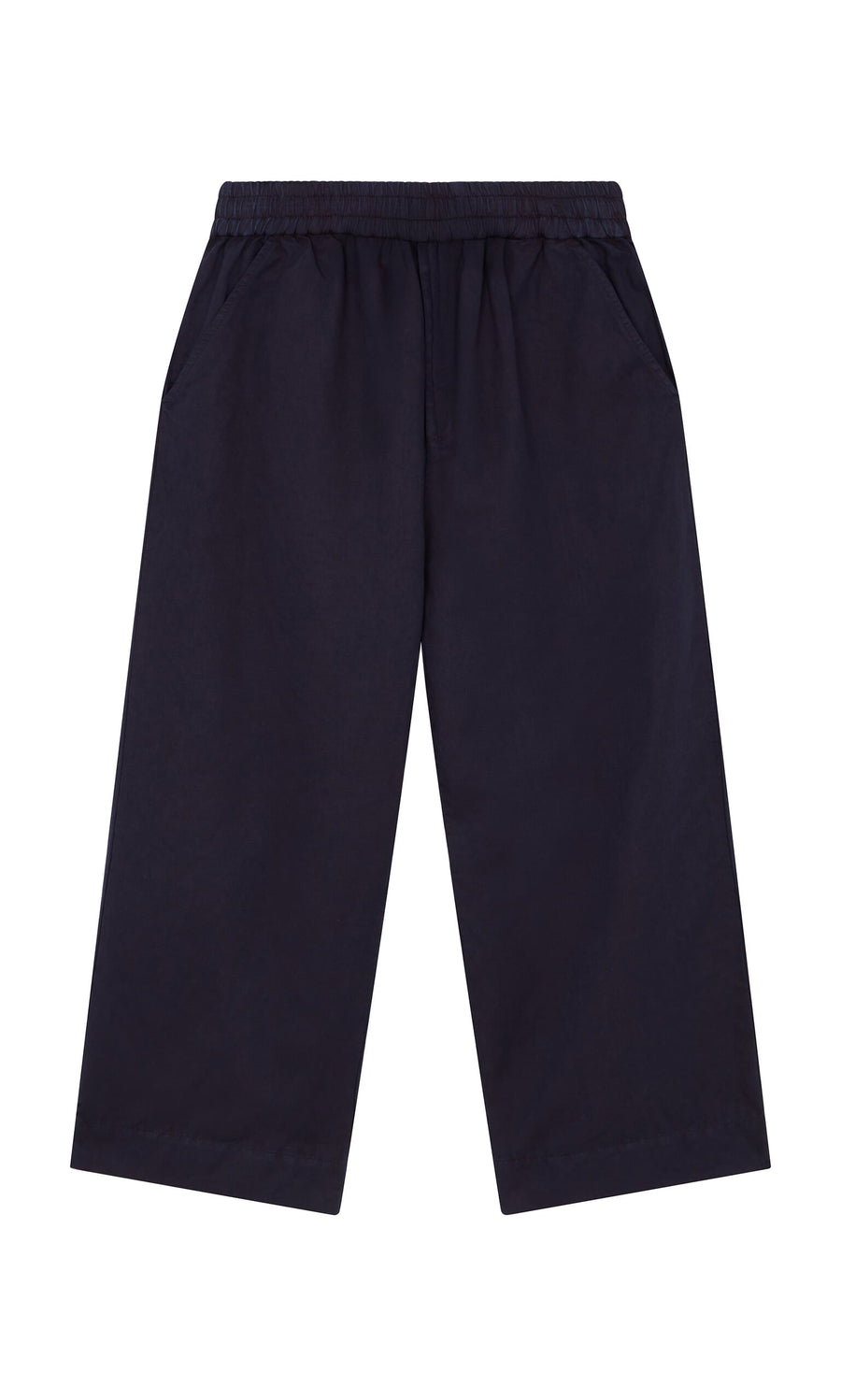 Plümo- Cromer Pants - Navy: Wide-leg cotton twill workwear pants with elastic waistband and side pockets, shown on white.