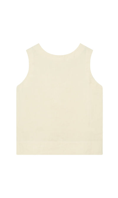 Plümo- The Linda Top - Milk is a sleeveless Irish linen top with a boxy cut and square neckline, shown on a white background.