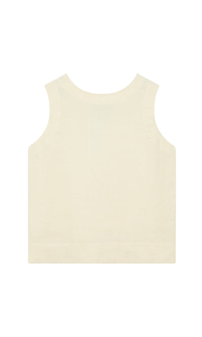 Plümo- The Linda Top - Milk is a sleeveless Irish linen crop with a boxy cut, shown from the back on a white background.