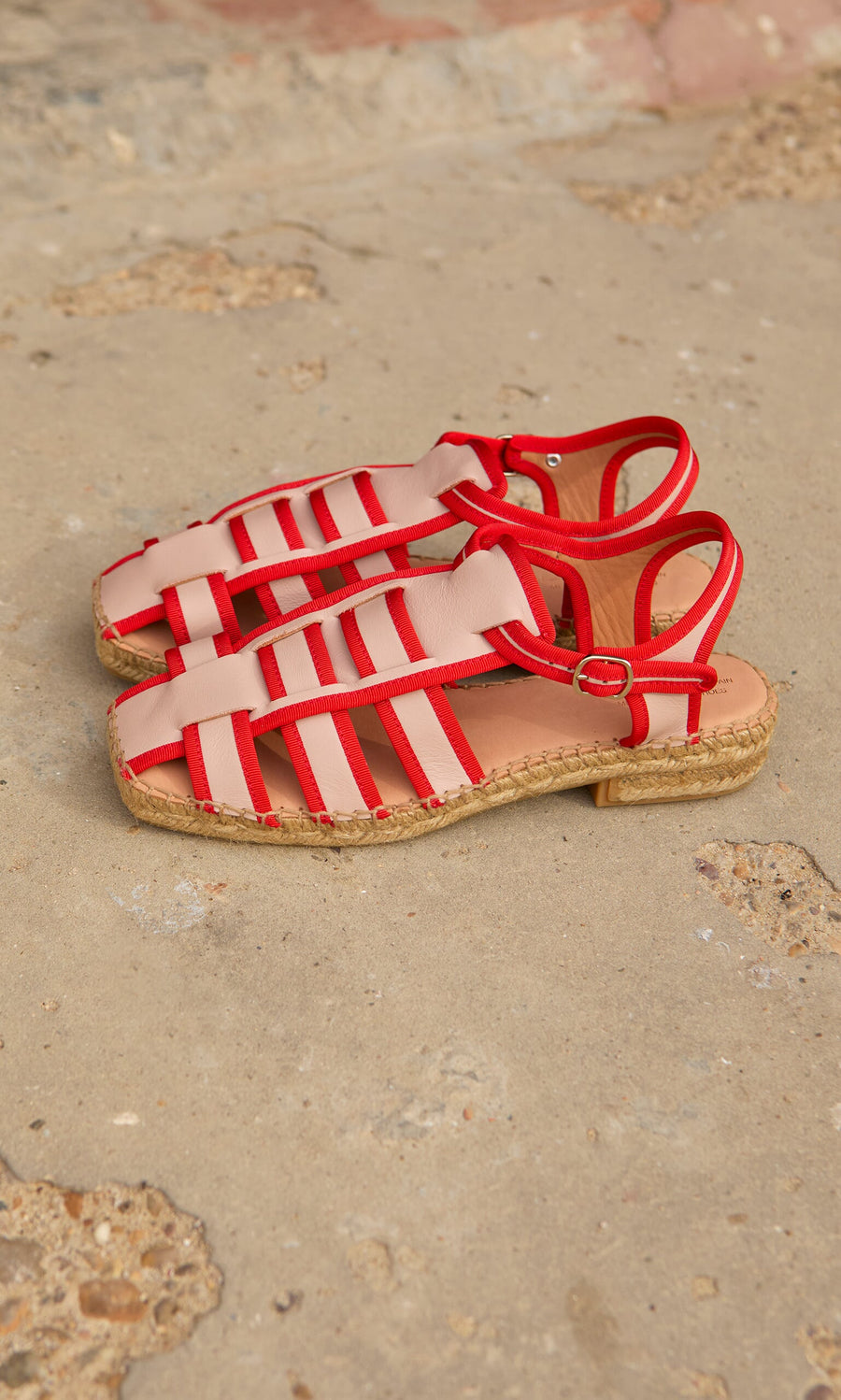 Plümo- Cordoba Espadrilles: flat lattice leather sandals with red and beige straps, woven soles, and cushioned insoles.