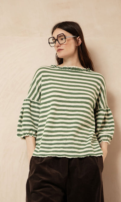 Plümo- Woman wears Square Readers and a green striped ruffle-sleeve top, standing against a beige wall.