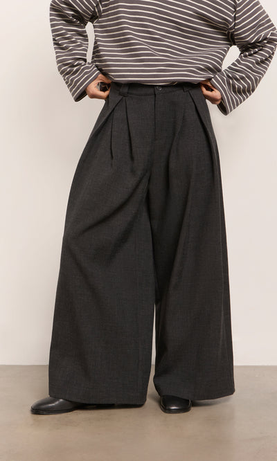 Plümo  Person wearing Pleated Grey Pants, black shoes, and a striped long-sleeve shirt indoors.