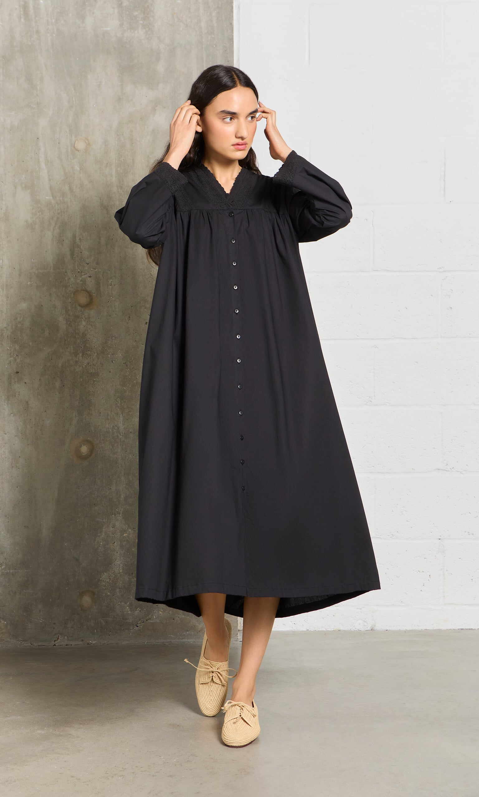 Long Sleeved Black Dress with Anglaise Embroidery – Plümo Ltd