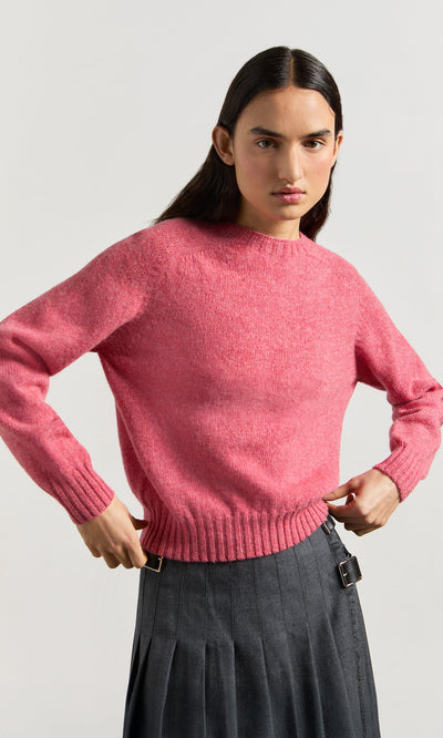 Plümo- Person in a Wicklow Crewneck - Tea Rose sweater and dark pleated skirt, hands on hips against a plain background.