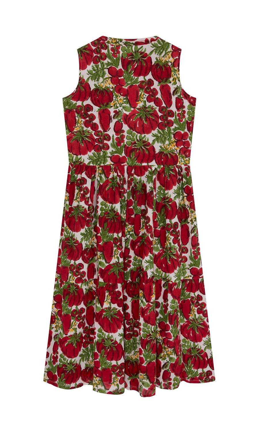 Plümo- Datterino Dress: Sleeveless cotton-gauze with hand-printed tomatoes and green leaves on white, shown flat.
