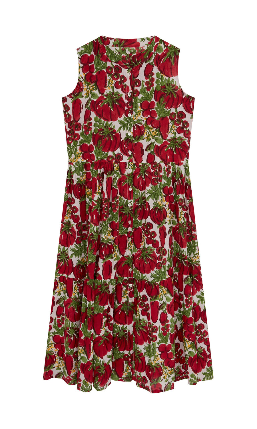 Plümo- Datterino Dress: Sleeveless cotton-gauze with hand-printed tomatoes, green leaves, and a gathered skirt.