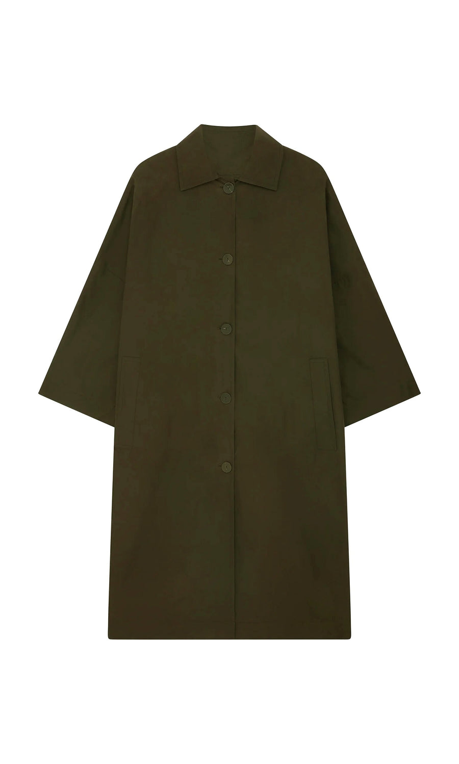 Plümo- Doherty Coat - Olive: vintage workwear style with collar, button front, and two side pockets, shown flat on white.