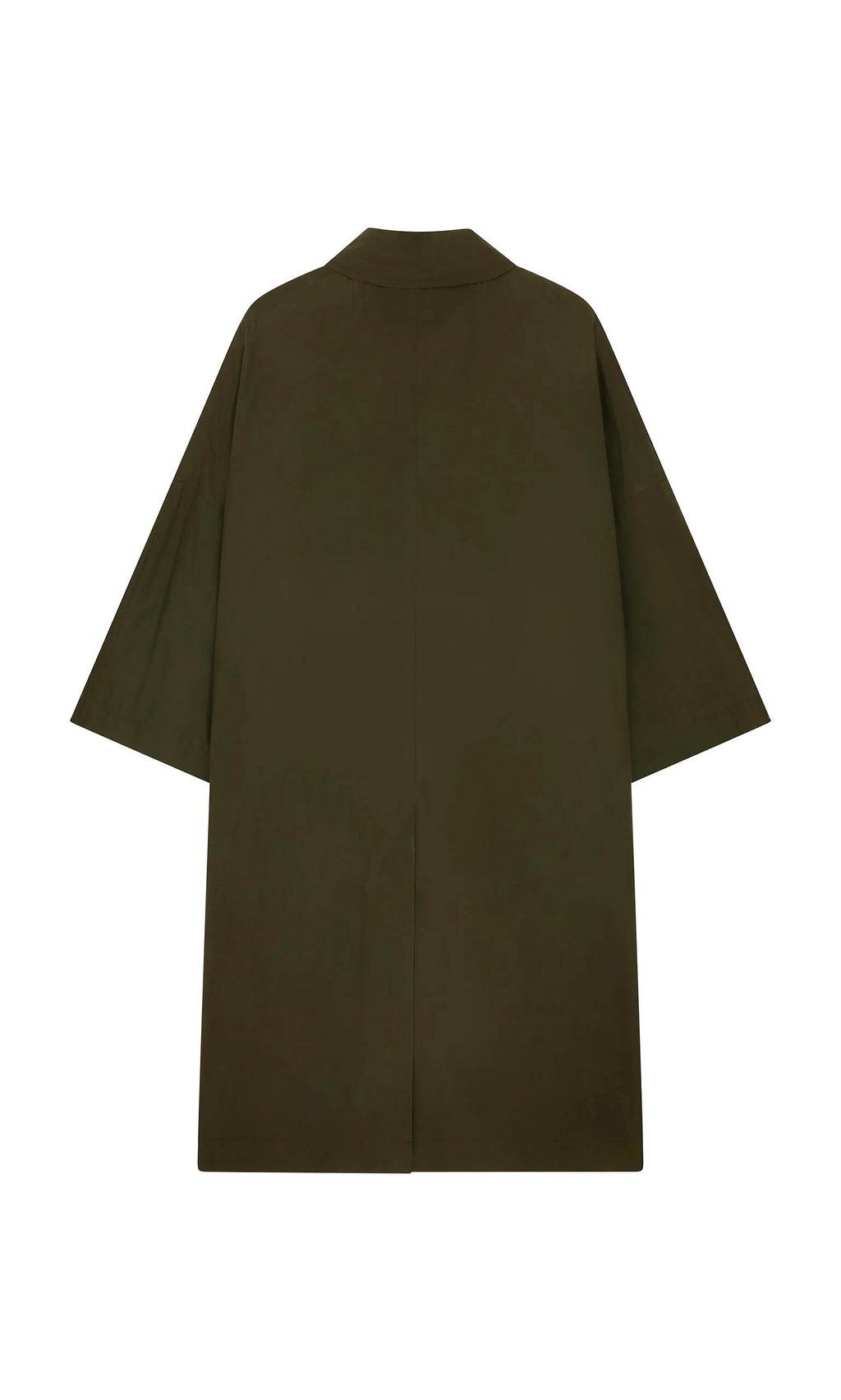 Plümo- Doherty Coat - Olive: knee-length waxed cotton, wide sleeves, shown from the back on a white background.
