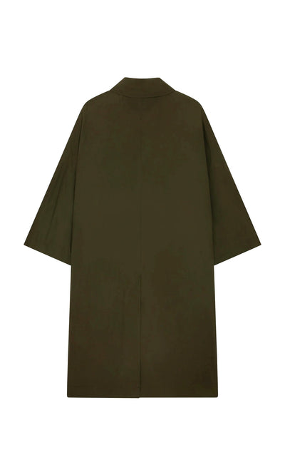 Plümo- Doherty Coat - Olive: knee-length waxed cotton, wide sleeves, shown from the back on a white background.