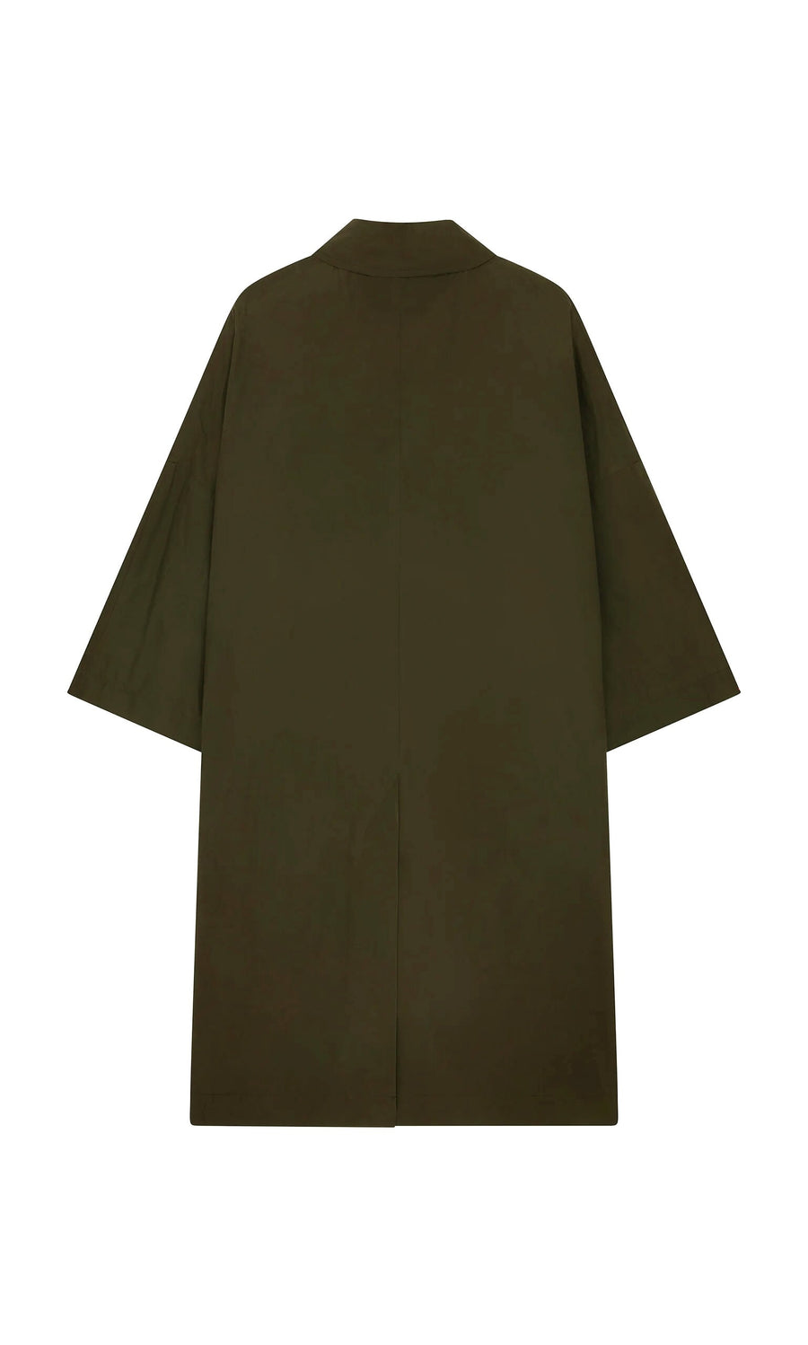 Plümo- Doherty Coat - Olive: knee-length waxed cotton, wide sleeves, shown from the back on a white background.