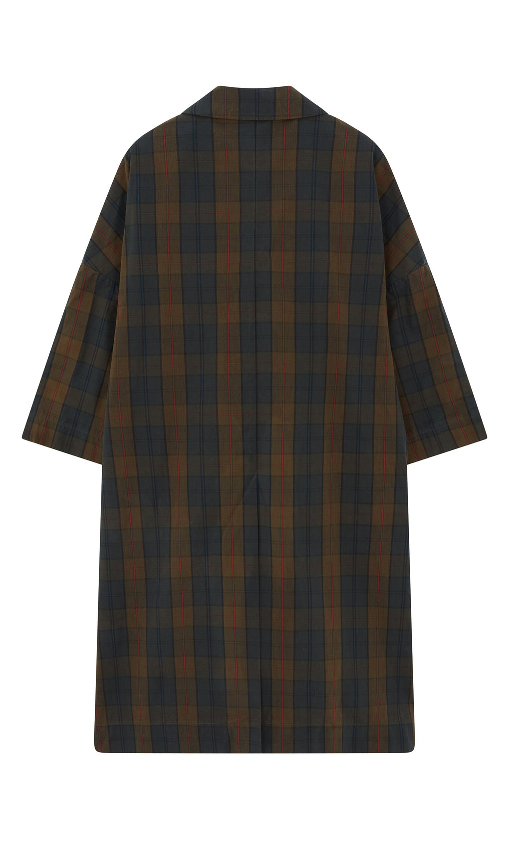 Plümo- Back view of the Doherty Coat - Tartan, a loose, knee-length British plaid coat with wide half sleeves.