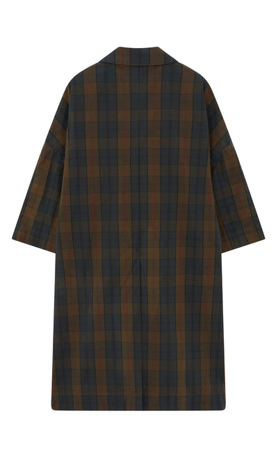 Plümo- Back view of the Doherty Coat - Tartan, a loose, knee-length British plaid coat with wide half sleeves.