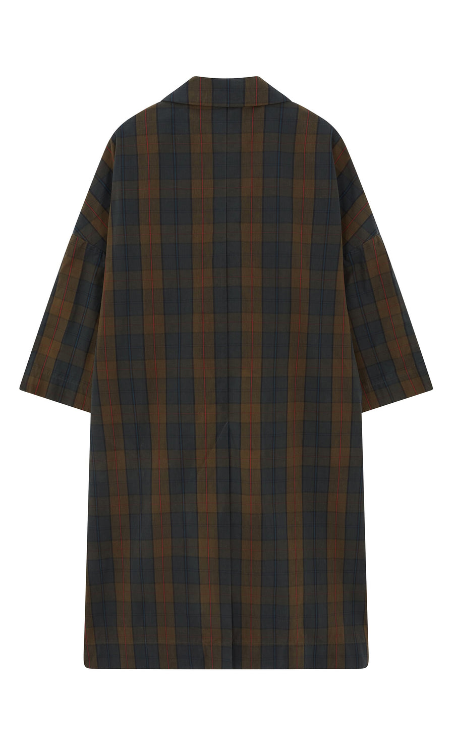 Plümo- Back view of the Doherty Coat - Tartan, a loose, knee-length British plaid coat with wide half sleeves.