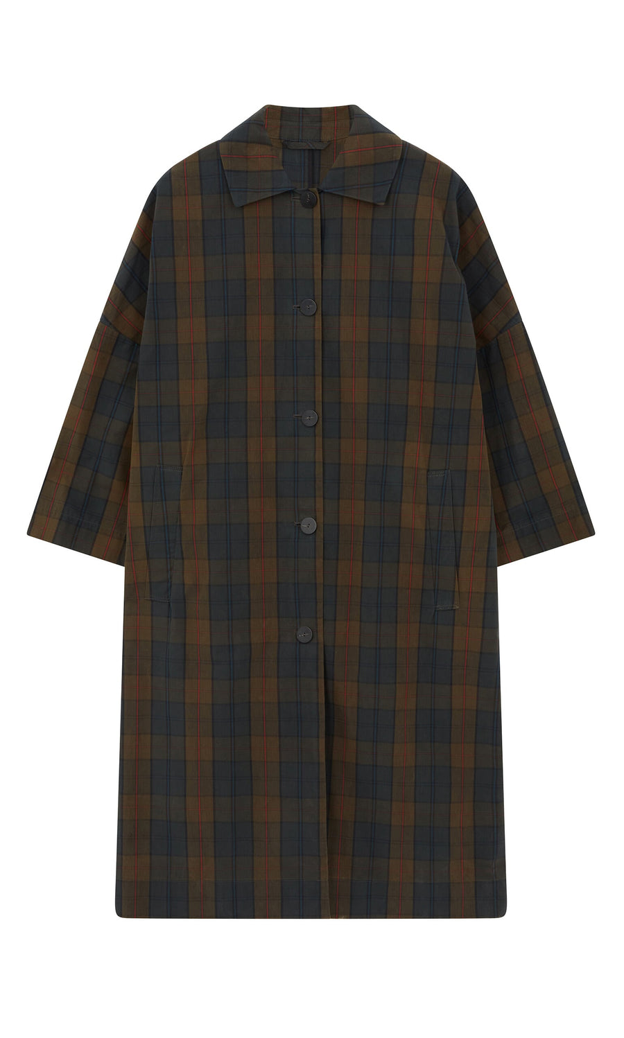 Plümo- The Doherty Coat - Tartan is a loose, plaid coat with a collar, button front, and wide sleeves in dark green and brown.