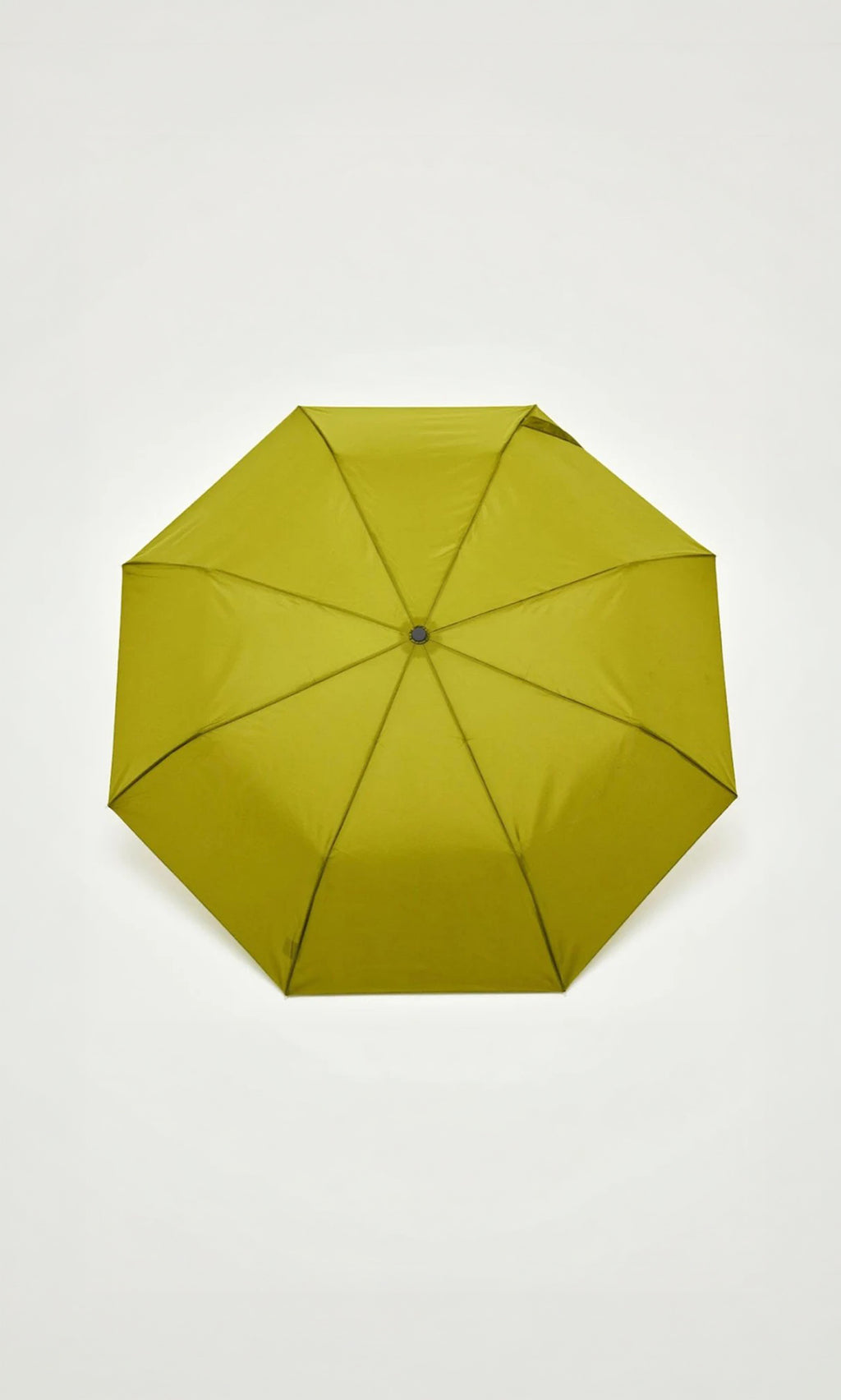 Plümo  Duck Umbrella - Olive, compact and fully opened, seen from above on a plain white background.