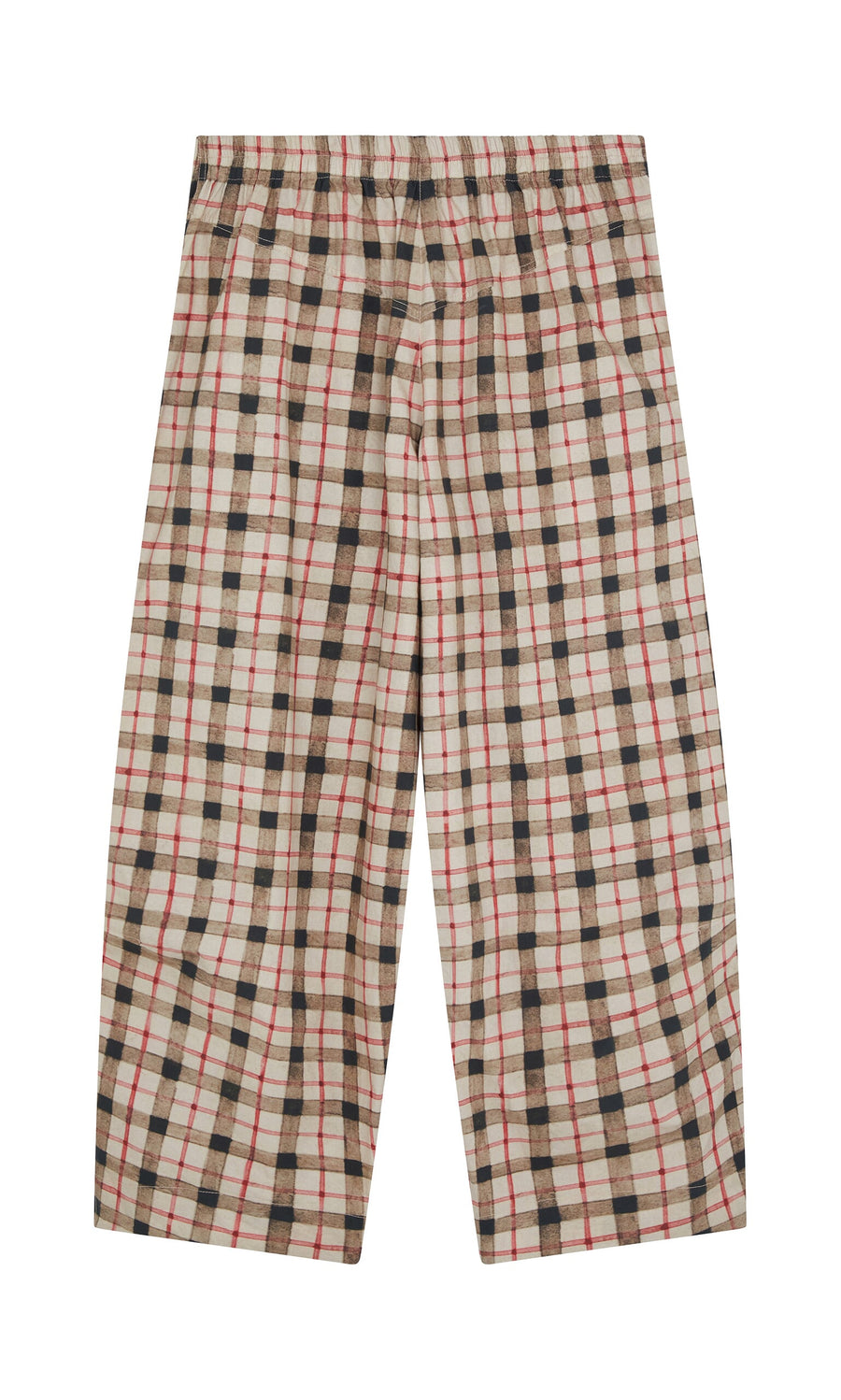 Plümo- Dundee Barrel Pants in a beige, red, and black plaid print, wide-leg and high waist, laid flat on white background.