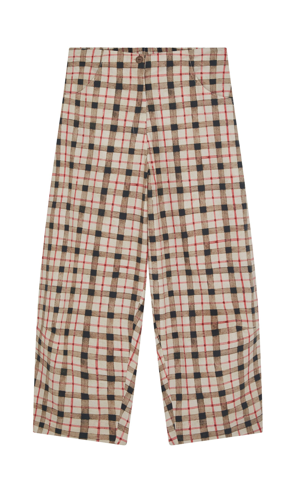 Plümo- Dundee Barrel Pants: wide-leg, high-waist with beige base and red, black, brown plaid, shown flat on white background.