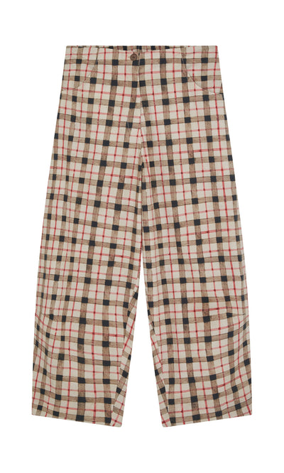 Plümo- Dundee Barrel Pants: wide-leg, high-waist with beige base and red, black, brown plaid, shown flat on white background.
