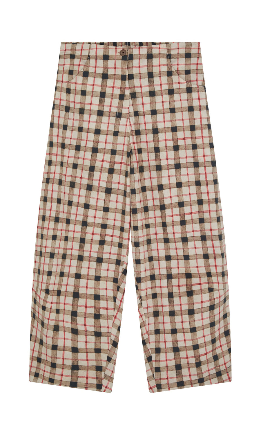 Plümo- Dundee Barrel Pants: wide-leg, high-waist with beige base and red, black, brown plaid, shown flat on white background.