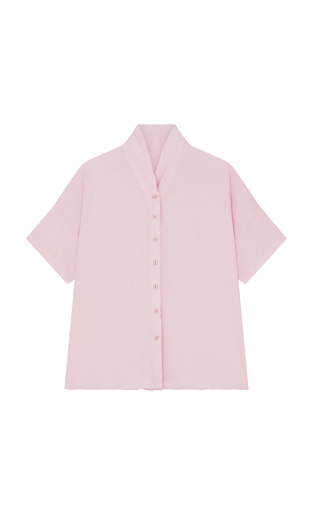 Plümo- Early Pink Blouse: Light pink, short-sleeve button-up cotton shirt with straight fit and wide, upright collar.