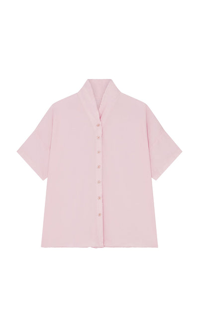 Plümo- Early Pink Blouse: Light pink, short-sleeve button-up cotton shirt with straight fit and wide, upright collar.