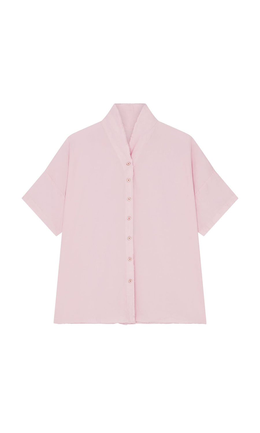 Plümo- Early Pink Blouse: Light pink, short-sleeve button-up cotton shirt with straight fit and wide, upright collar.