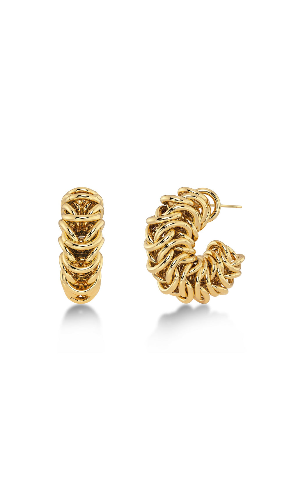 Plümo- Carew Hoops: gold-plated statement earrings with chunky, interlocking chain design, shown from front and side angles.