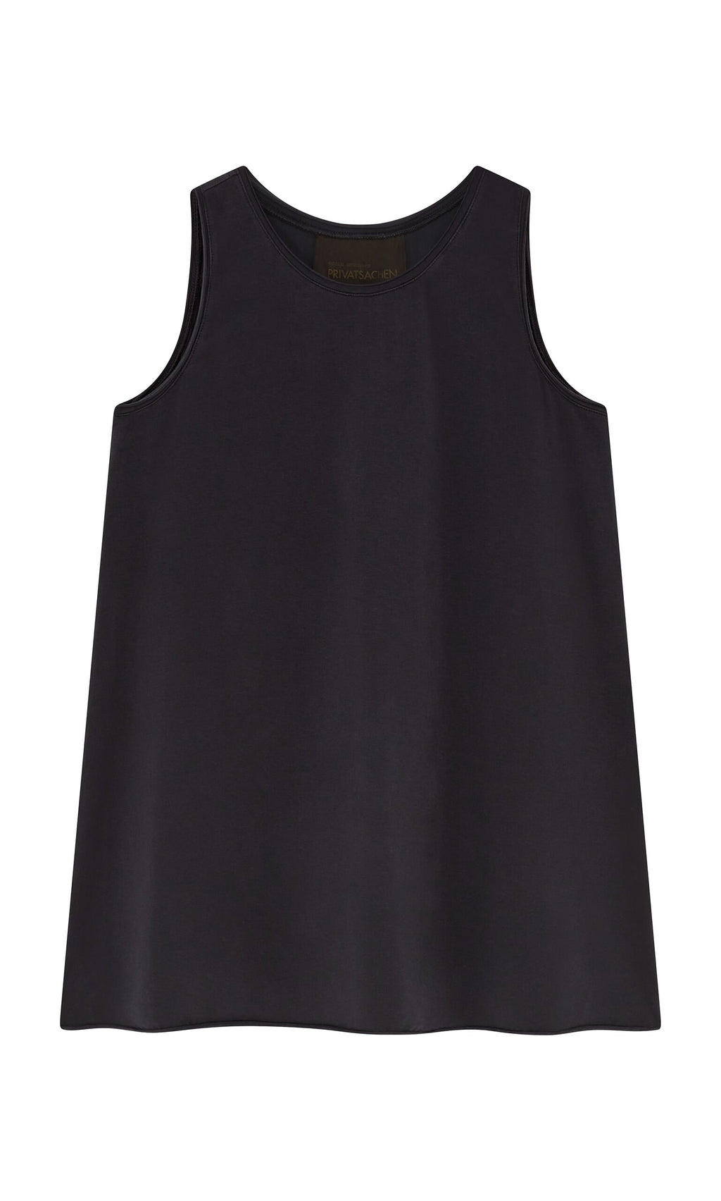 Plümo- The Edel Top is a sleeveless black A-line top with a round neckline, shown flat on a white background.