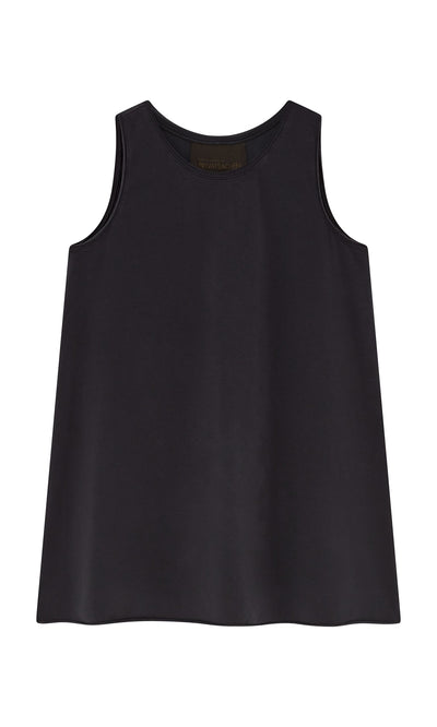 Plümo- The Edel Top is a sleeveless black A-line top with a round neckline, shown flat on a white background.