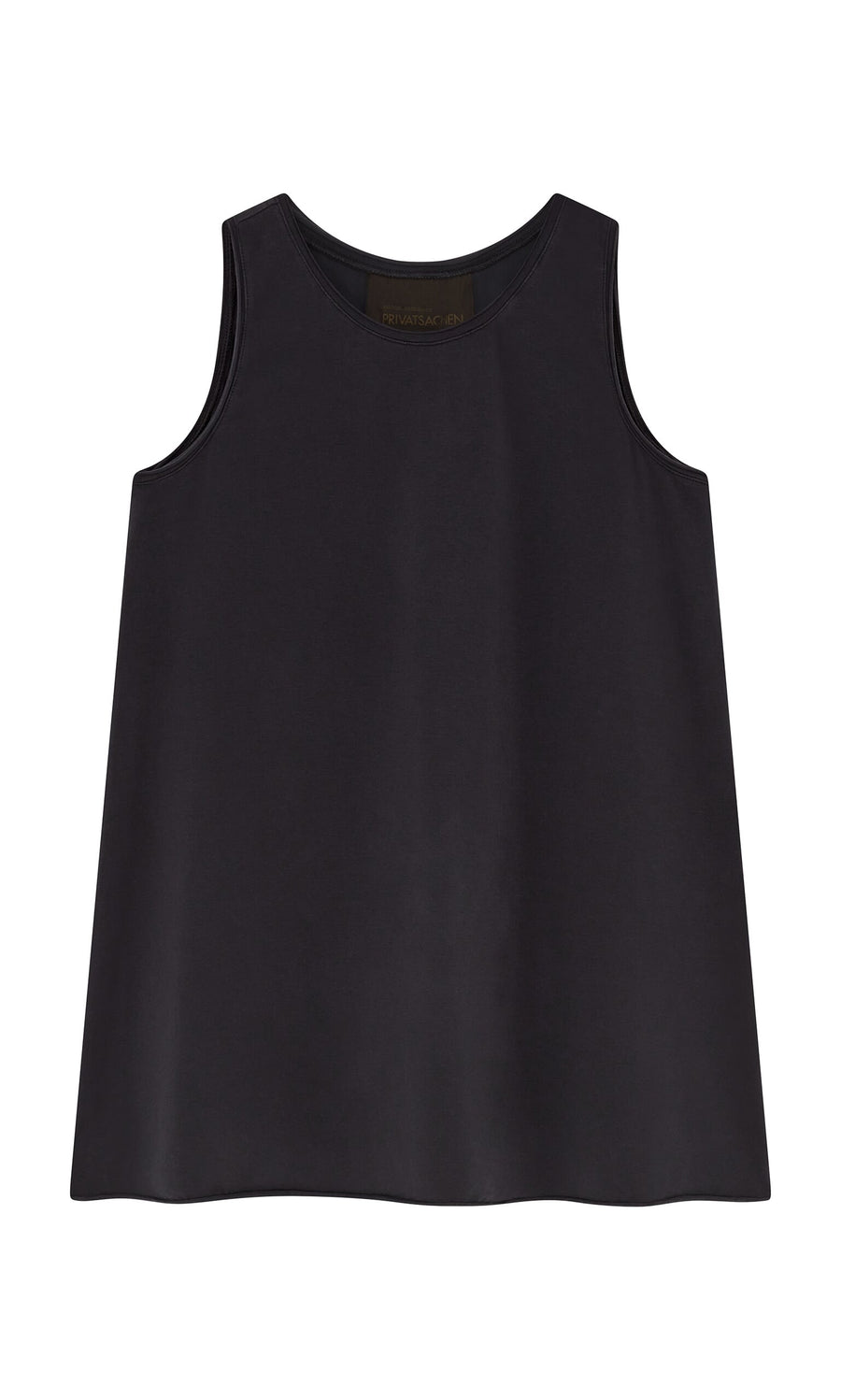 Plümo- The Edel Top is a sleeveless black A-line top with a round neckline, shown flat on a white background.