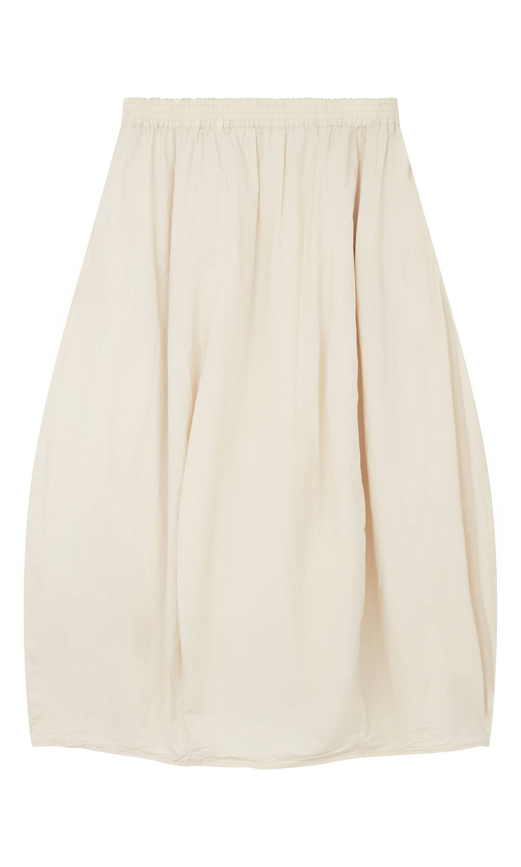 Plümo- The Edina Skirt is a cream cotton poplin, knee-length skirt with an elastic waist and soft, lightly wrinkled texture.